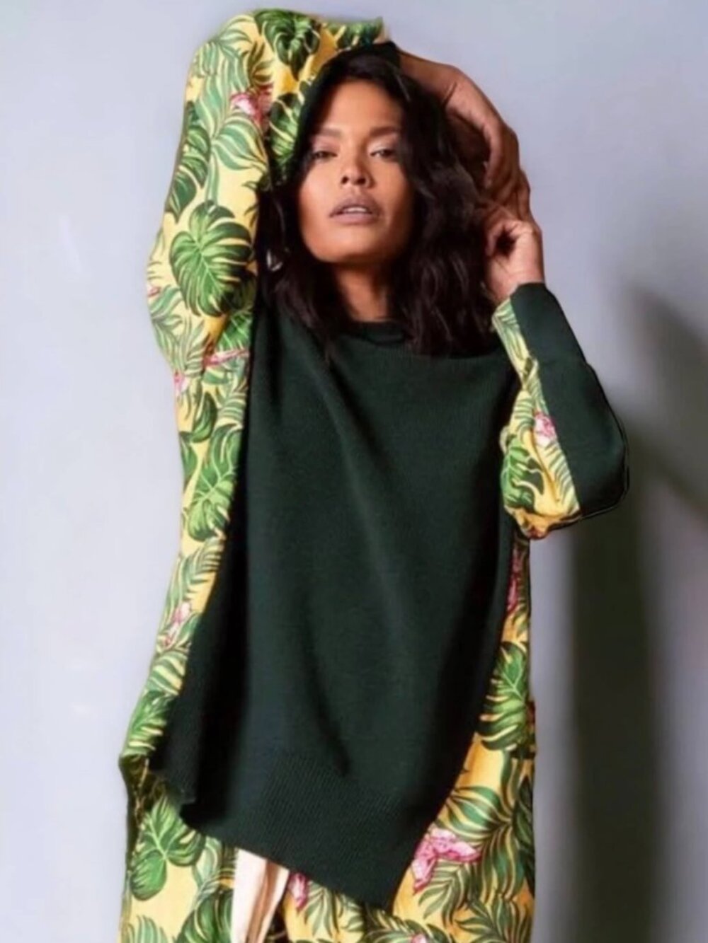 NWT Sandrine Rose Tropical Mixed Media Wool Sweater Forest Tropical Resort M